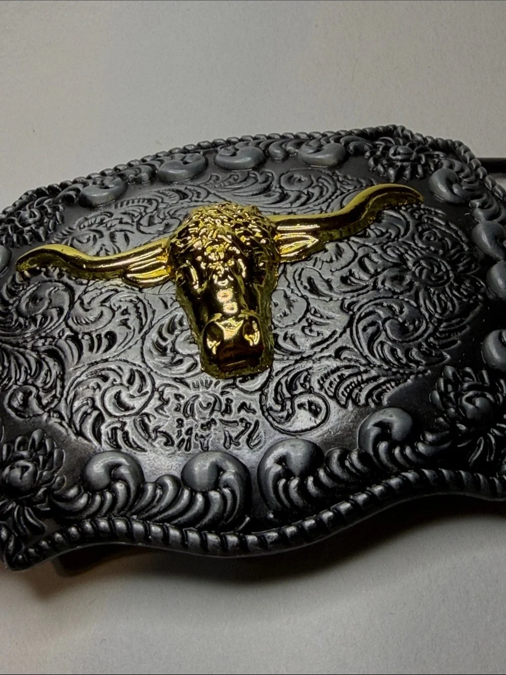 Western Men's Black Belt Buckle with Gold Longhorn Accent - Picture 3 of 7